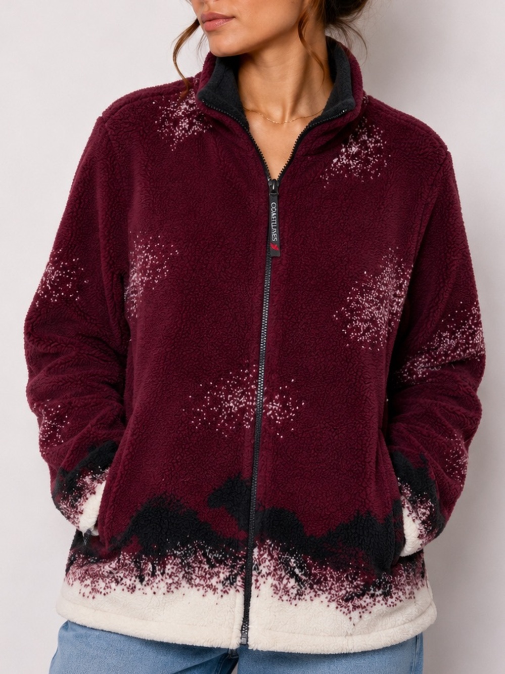 Vintage Fleece Jacket Burgundy Ombre Sherpa Zip Horses 90s Warm Cozy Sweater